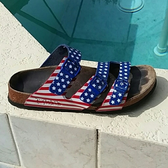 red white and blue birkenstocks